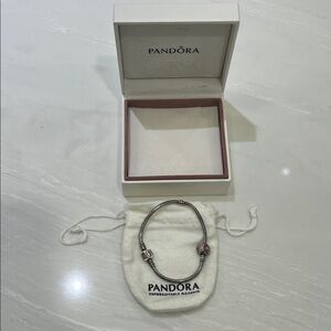 Pandora Silver Bracelet with Pink Enamel Heart Charms
